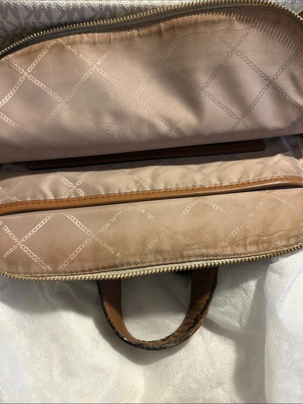 Michael Kors Rhea Zip Medium Backpack Cream and Tan Logo